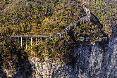 Spectacular aerial view of a long winding serpentine walkway near a cliff on the Tianmen mountain (天门山), China